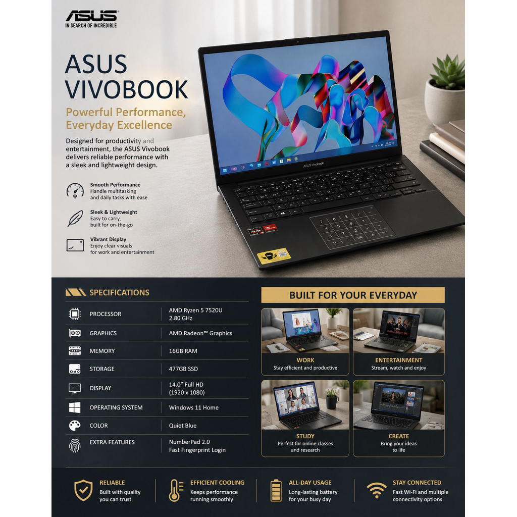 โน้ตบุ๊ก✔️ASUS Vivobook Go 14(E1404FA)✔️Ryzen 5✔️RAM 16GB✔️SSD 512✔️สภาพ 95%✔️ใหม่เอี่ยม✔️ทำงานที่บ้