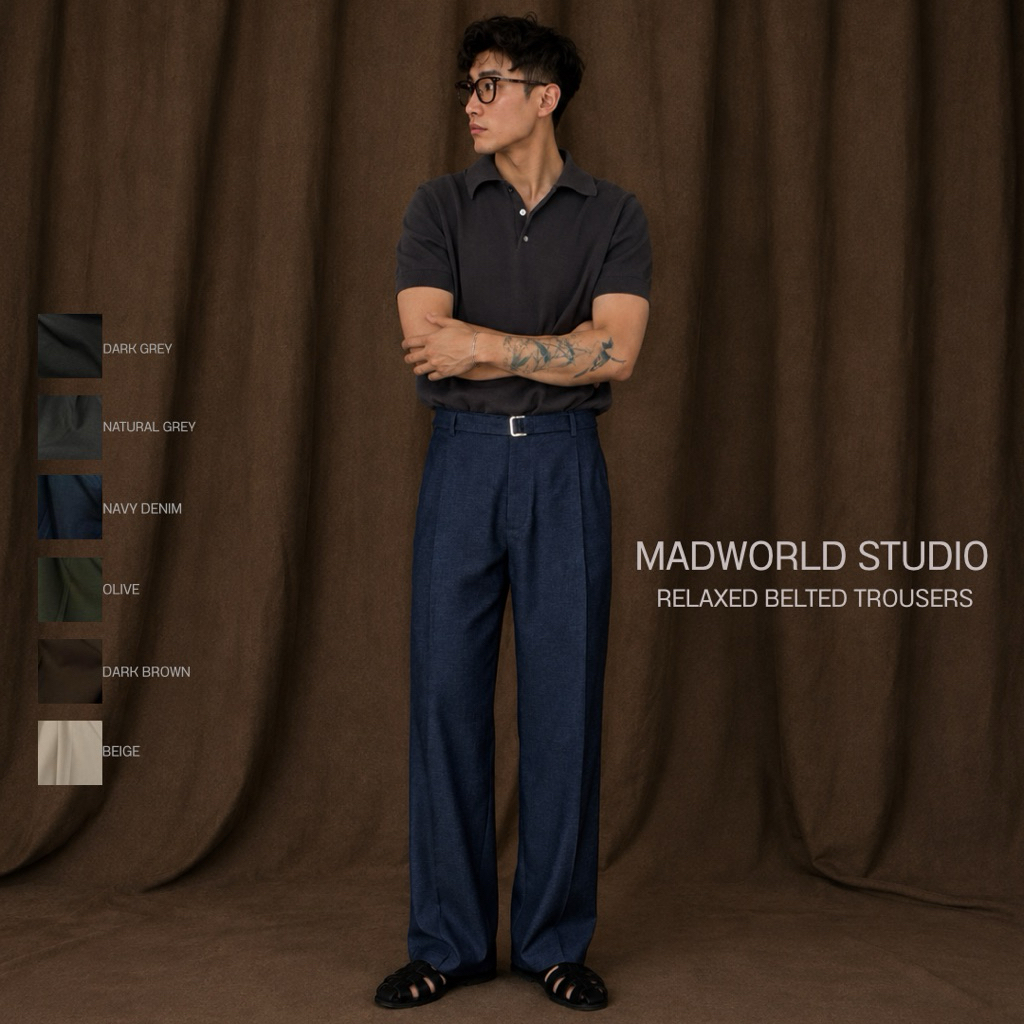 MADWORLD STUDIO/RELAXED BELTED TROUSERS กางเกงทรงกระบอกใหญ่ พร้อมเข็มขัดผ้าในตัว