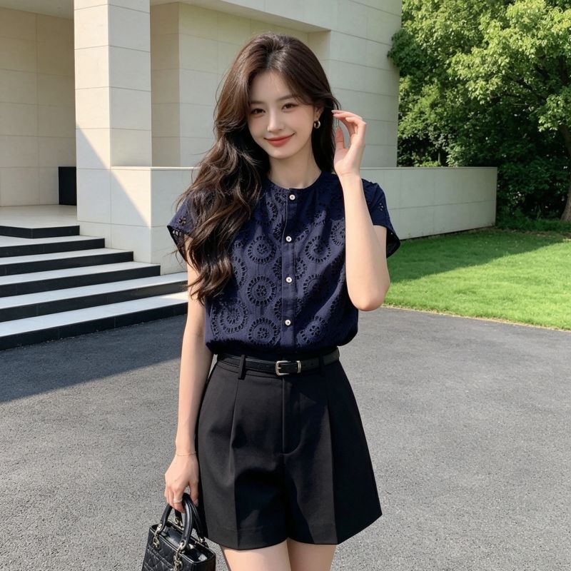 Swayy ปีกไหล่เสื้อเบลาส์ลายฉลุผ้าไม่มีแขน คอกลมหน้าแยกกระดุม ผ้าฝ้ายบาง เหมาะจับคู่กางเกงขายาวและกางเกงขาสั้น