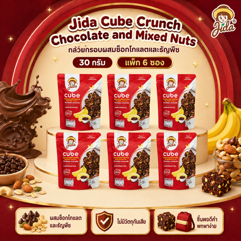 [6 ซอง] Jida Cube 30 g กล้วยทอดกรอบผสมช็อกโกแลตและธัญพืช | Banana Crunch Chocolate and Mixed Nuts