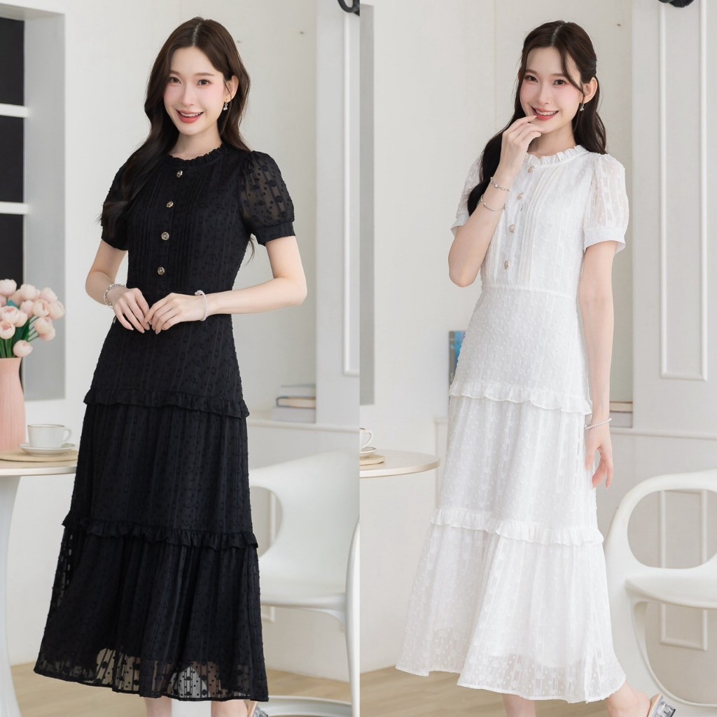 ALERT BRAND👗Maxi dress เดรสยาว สวยหวาน classy มากๆ มีดีเทลคอจีบ กระดุมหน้าเปิดได้จริง ตีเกล็ดเพิ่มเล