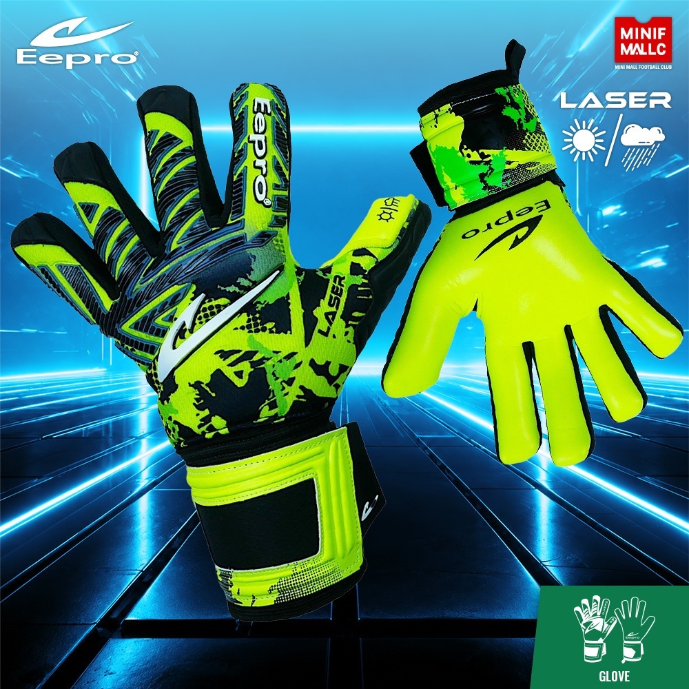 ถุงมือผู้รักษาประตู EEPRO รุ่น LASER รหัส EG10R2 ถุงมือโกล โฟมหนา 4 มิล มี FINGER SAVE 5 นิ้วสามารถถอดได้ที่หลังมือ