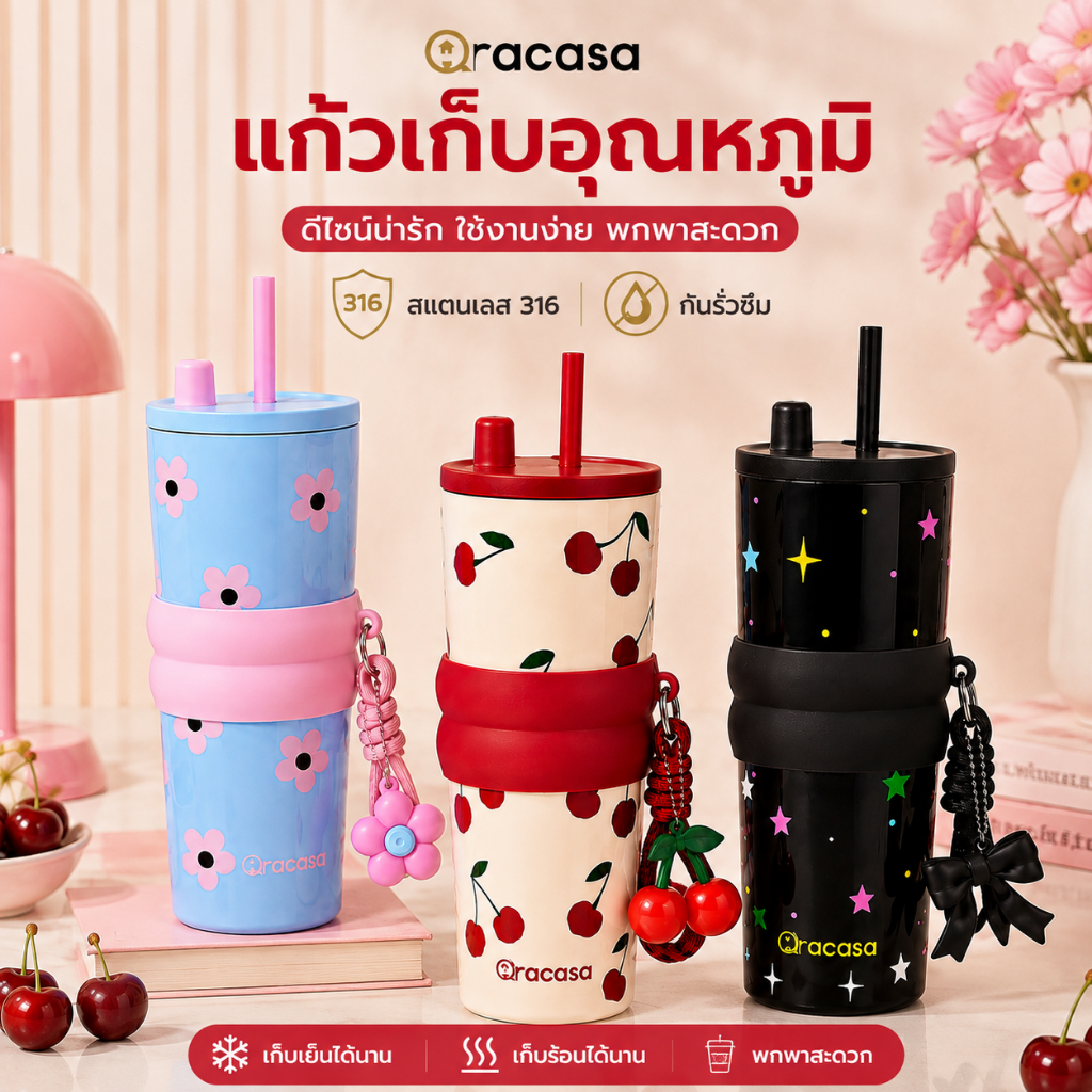แก้วเก็บความเย็น แก้วน้ำมีหลอด 710ml สแตนเลส316 เคลือบเซรามิก กันรั่ว เก็บร้อนเย็น พกพา รถยนต์ ออฟฟิศ