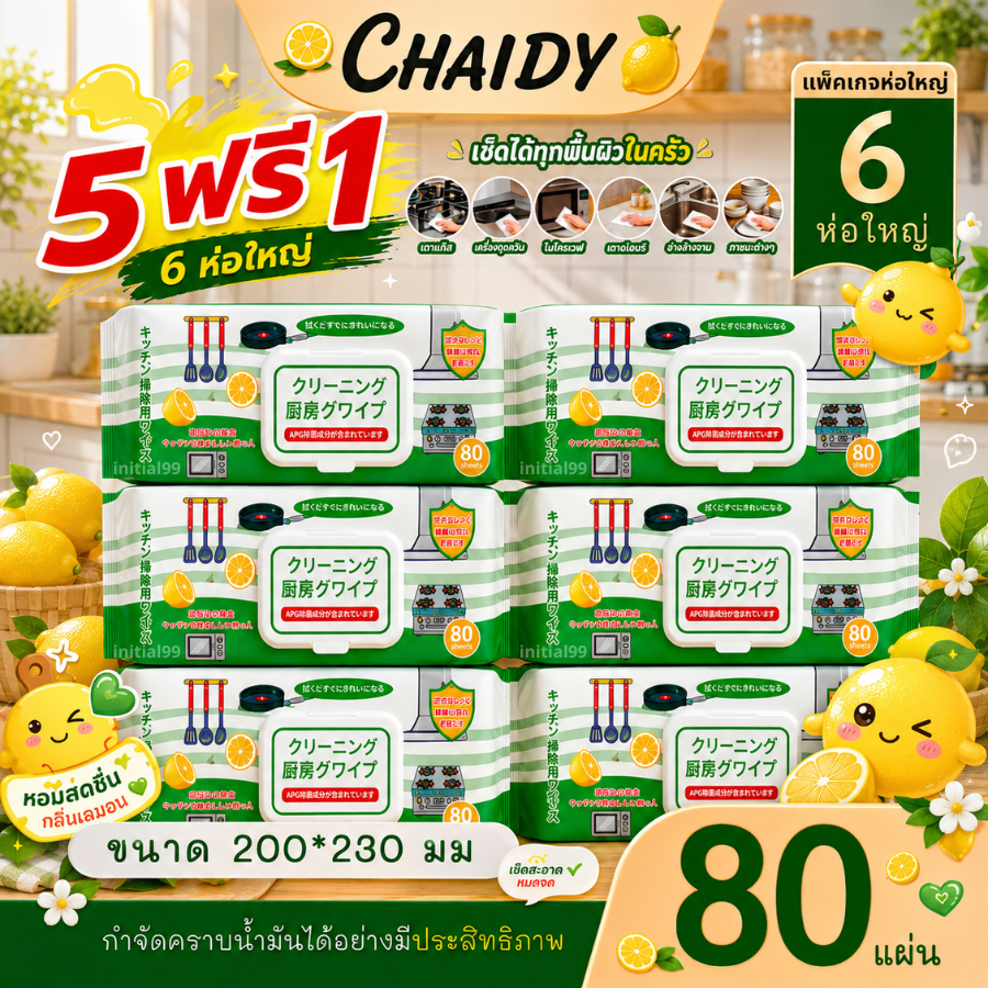【ซื้อ 5 เเถม 1】ทิชชู่เปียกสำหรับครัว ทำความสะอาด ใช้แล้วทิ้ง 80แผ่น/เเพ็ค กลิ่นเลมอน ขจัดคราบสกปรก