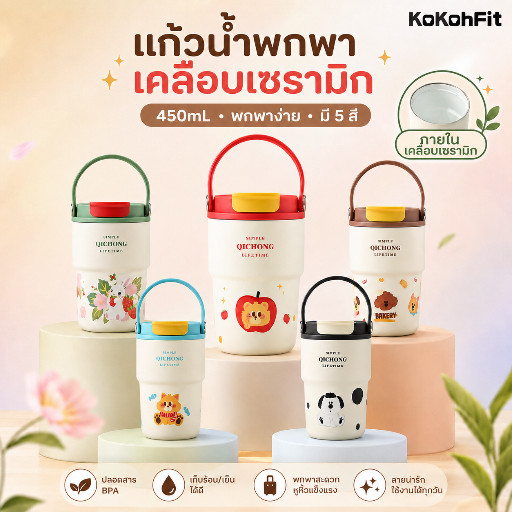 Kokohfit แก้วเก็บความเย็น ขนาด 450ml กระติกสุญญากาศเซรา มิคไลเนอร์ แก้วกาแฟ ซีรีส์สัตว์บ้า