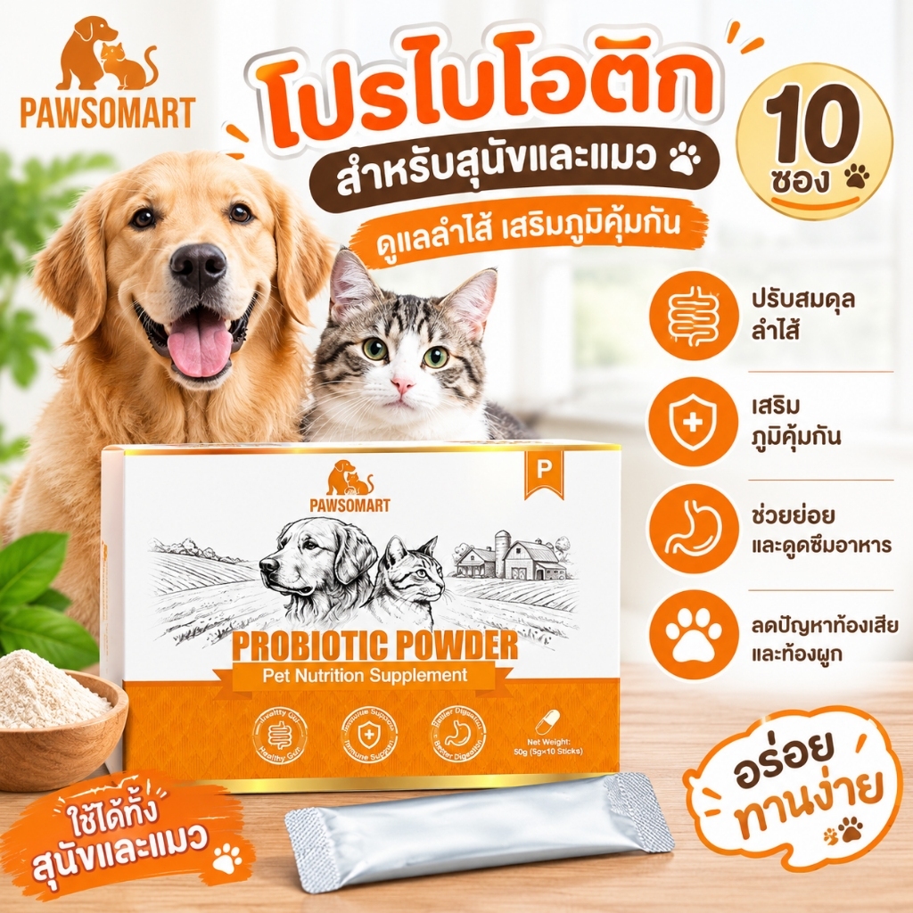 PAWSOMART โปรไบโอติกสัตว์เลี้ยง อาหารเสริมสัตว์เลี้ยง บำรุงลำไส้ ลดท้องเสีย ลดท้องผูก เสริมภูมิคุ้มกัน ขนสวย สุขภาพดี