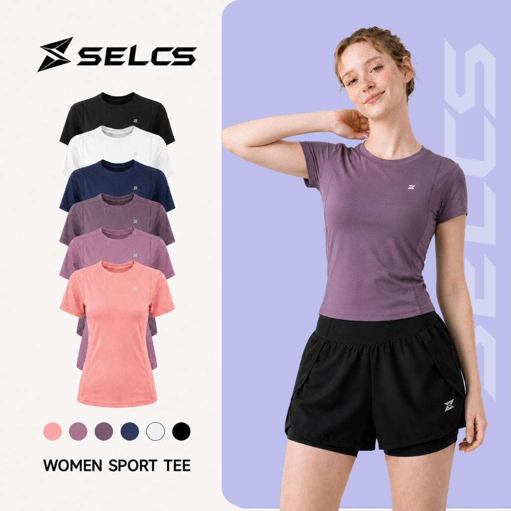 SELCS เสื้อยืดออกกำลังกายผู้หญิง ทรงสวยเข้ารูป ผ้ายืดหยุ่นได้ดี ระบายอากาศ แห้งเร็ว Size S-XXL L75
