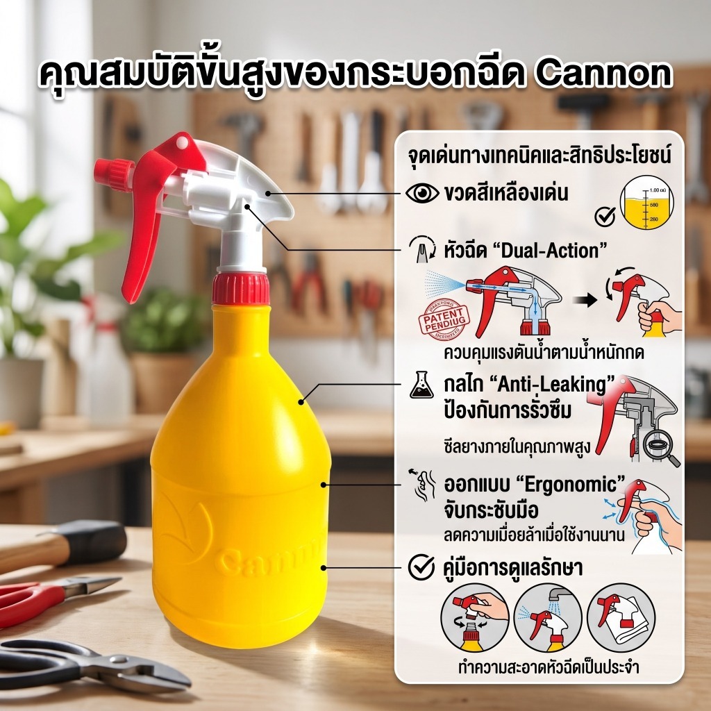 กระบอกฉีดน้ำ CANNON 1 ลิตร 💦หัวฉีดปรับได้ 2 ระดับ พลาสติกทนทาน ทนสารเคมี ฟ๊อกกี้อเนกประสงค์ สำหรับทำความสะอาด สวน เตารีด