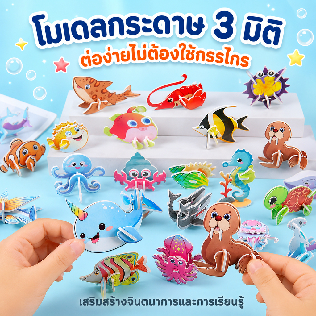 โมเดลกระดาษ 3 มิติ สัตว์ทะเล ต่อสนุก ไม่ต้องใช้กรรไกร ปลอดภัย เสริมพัฒนาการเด็ก