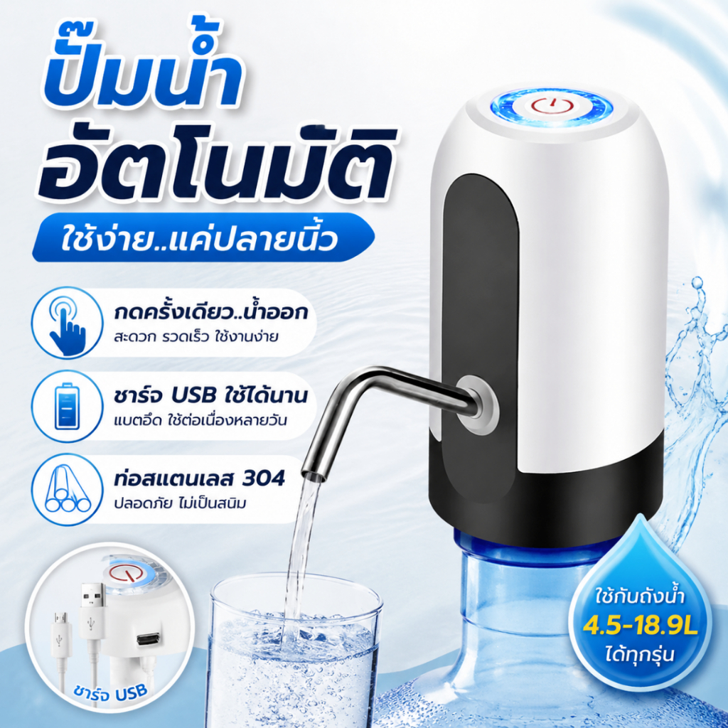 เครื่องกดน้ำอัตโนมัติ ปั๊มน้ำแร่บาร์เรล รุ่นชาร์จ USB อัจฉริยะ ใช้งานง่าย สำหรับครัวเรือน