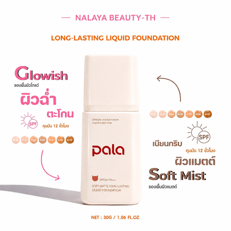 รองพื้น Pala SPF50+ PA+++ เนื้อบางเบาแต่ปกปิด กันน้ำ