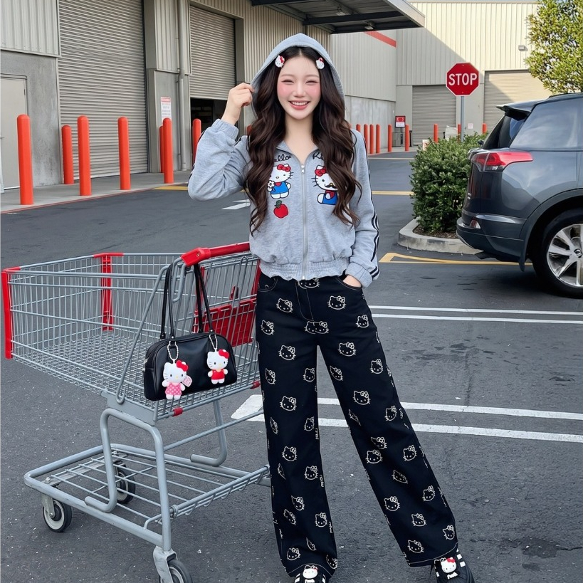 (มีถึง3XL) Maria Diamond เทาดำ Street Kitty Set เซ็ต 2 ชิ้น ผ้าสเวตเตอร์ เสื้อแขนยาวซิปหน้างานปัก + กางเกงขายาวมีกระเป๋า