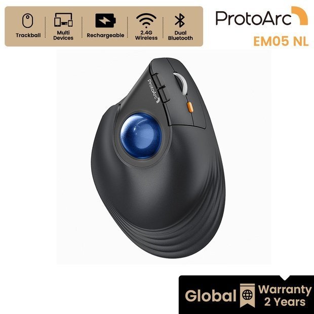 ProtoArc EM05 NL เมาส์ Ergonomic Vertical ไร้สาย Trackball ลูกบอลสีน้ำเงิน รับประกัน 2 ปี