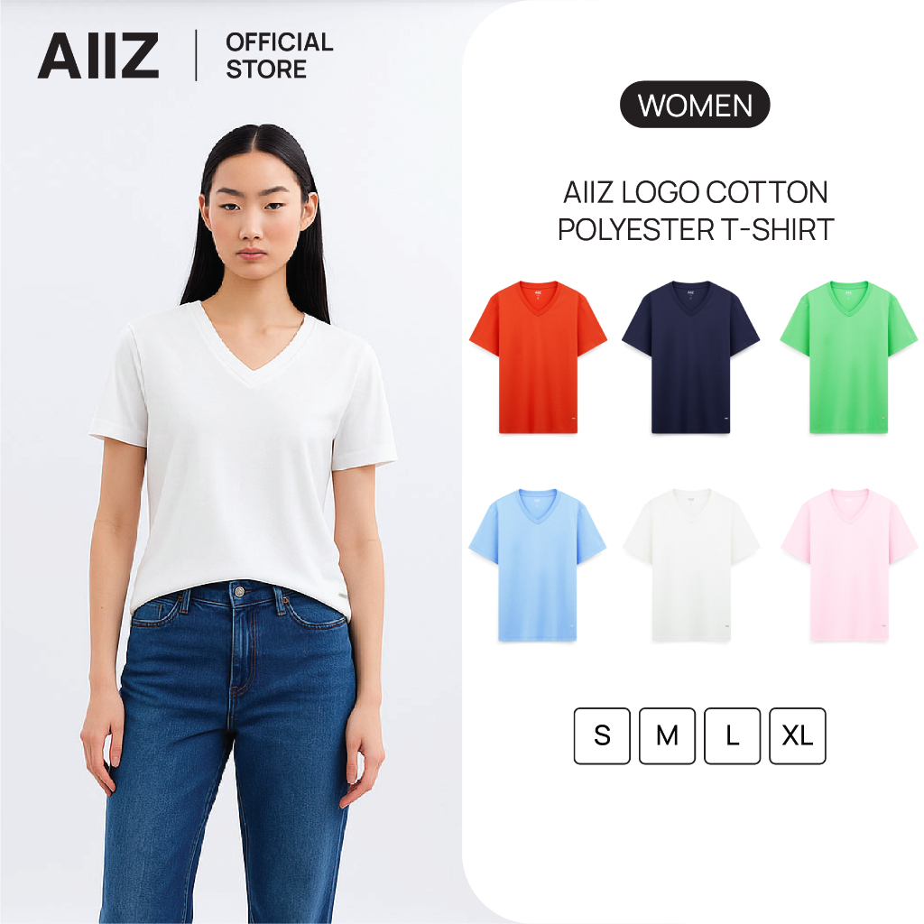 AIIZ เสื้อยืดคอวีผู้หญิงสีพื้น โลโก้ AIIZ AIIZ Women’s Logo T-Shirt Cotton Polyester