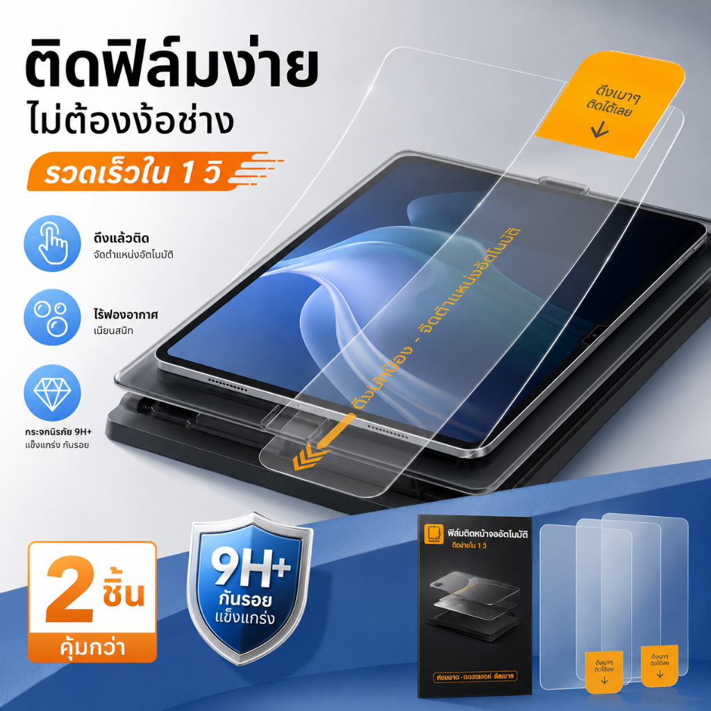 ฟิล์มกระจกพร้อมบล็อกติดฟิล์ม ฟิล์มกระจก ไอแพดgen10 Gen7 gen8 gen9 Air3 10.2 Air4 air5 10.9 Pro11 Gen11 Air6/7 Pro11 2024