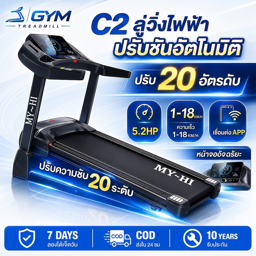 ลู่วิ่งไฟฟ้า C2 สำหรับบ้านTreadmill ปรับความชันอัตโนมัติ ความเร็ว 1-18 รับน้ำหนัก 300 kg หน้าจอ LED