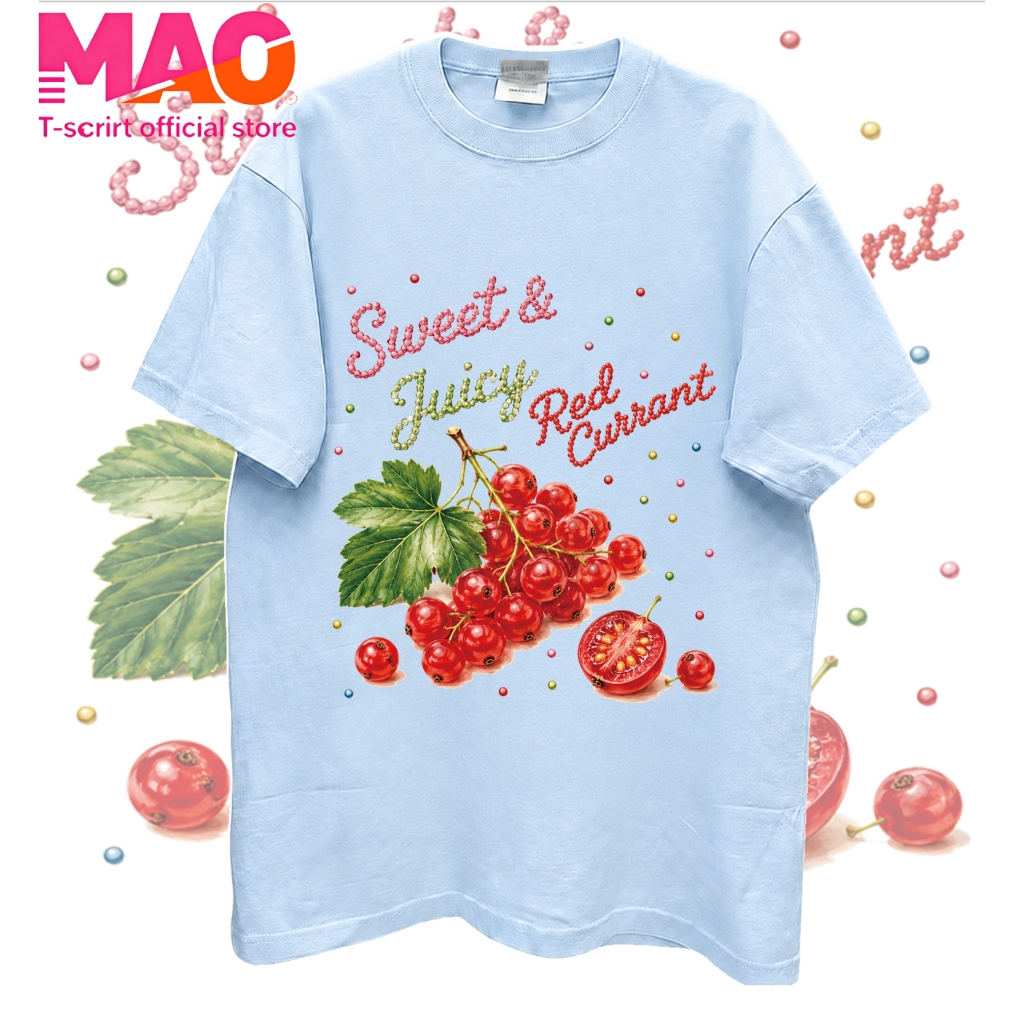 พร้อมส่ง เสื้อยืดโอเวอร์ไซส์ผู้หญิง สีฟ้าอ่อน ลายผลไม้เรดเคอแรนท์ วินเทจอเมริกัน เสื้อแขนสั้นผ้านุ่ม ใส่ประจำวัน