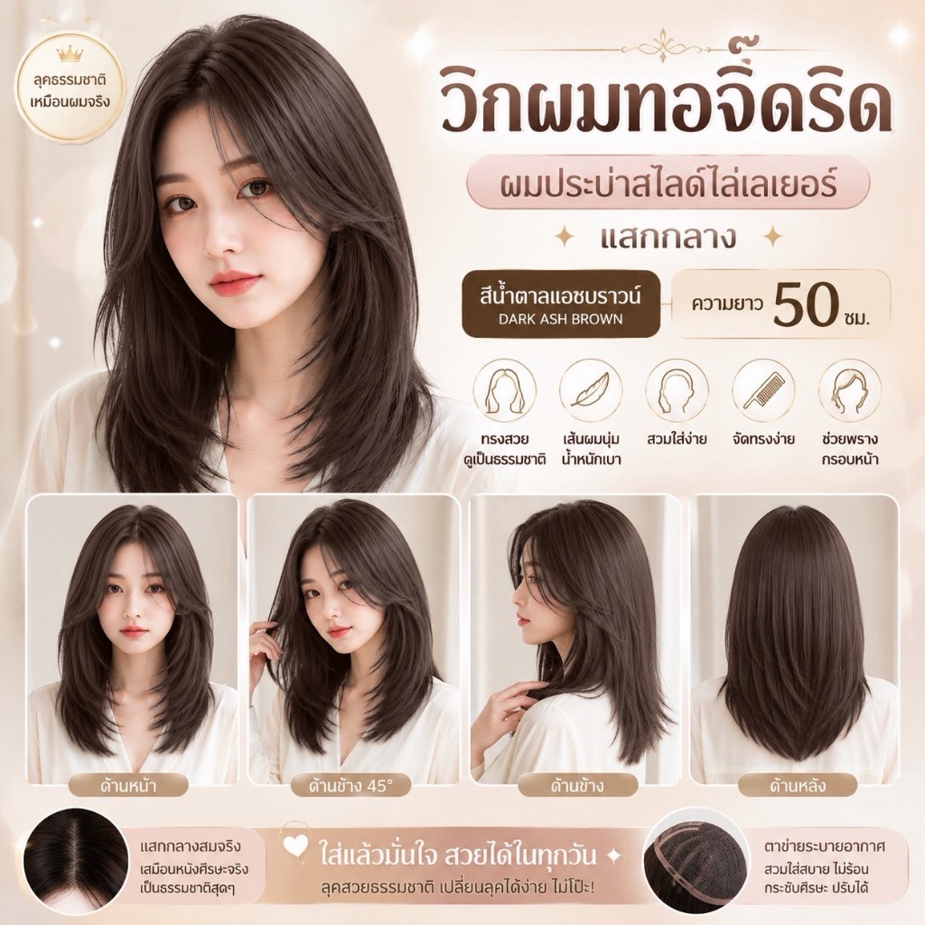MJ32-1 วิกผมทอจิ๊ดริด ผมประบ่าสไลด์ไล่เลเยอร์ แสกกลาง สีน้ำตาลแอชบราวน์ (50cm.) เปลี่ยนลุคได้อย่างมั่นใจ
