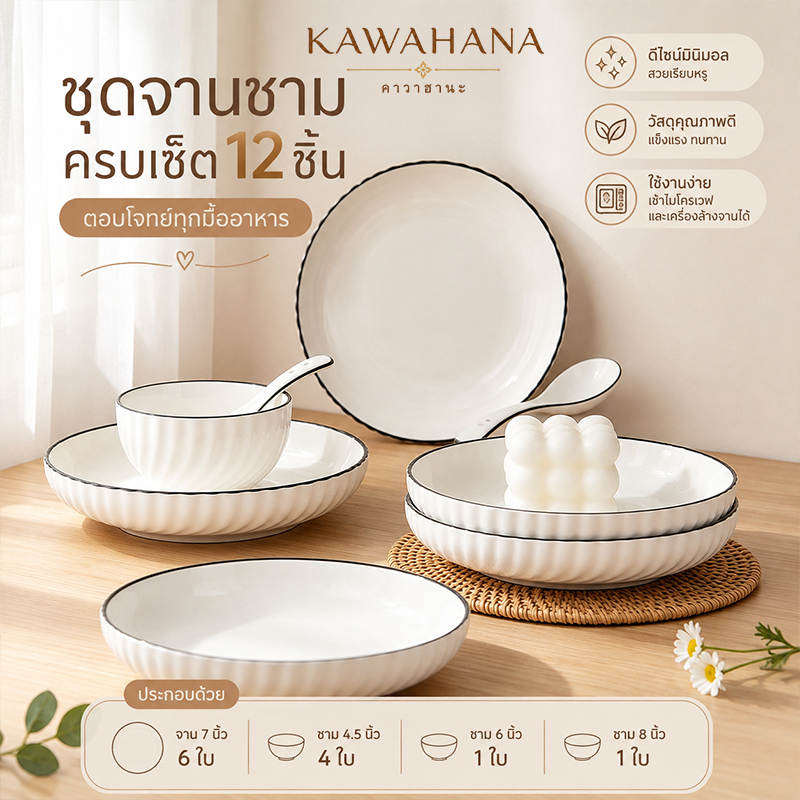 Kawahana รวมทุกลาย จาน ชาม เซรามิกญี่ปุ่น แบบจัดเซ็ต L+ชุด 9 ชิ้น XL2 ชุด 12 ชิ้น ราคาถูก คุณภาพดีเยี่ยม เข้าไมโครเวฟได้