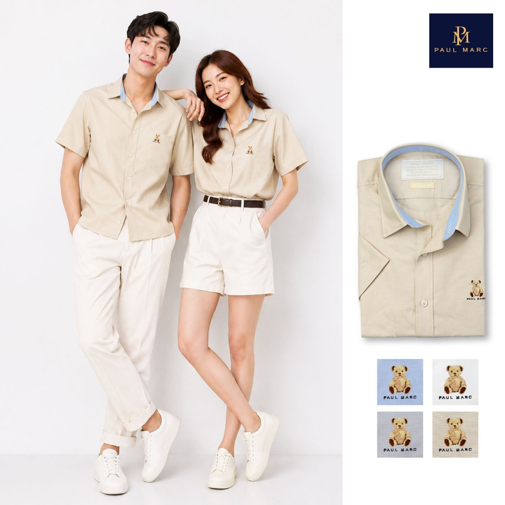 PAUL MARC เสื้อเชิ้ตแขนสั้น PM BEAR สีขาว เบจ ฟ้า เทา oxford cotton casual fit เรียบหรู นุ่ม รีดง่าย PPH2GG5O01/02/03/04