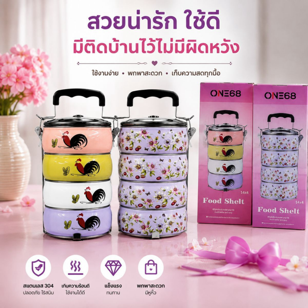 ปิ่นโต 14x4 พร้อมฝาปิดและหูหิ้ว ลายน่ารัก ภาชนะใส่อาหาร พกพาสะดวก (คละสี)