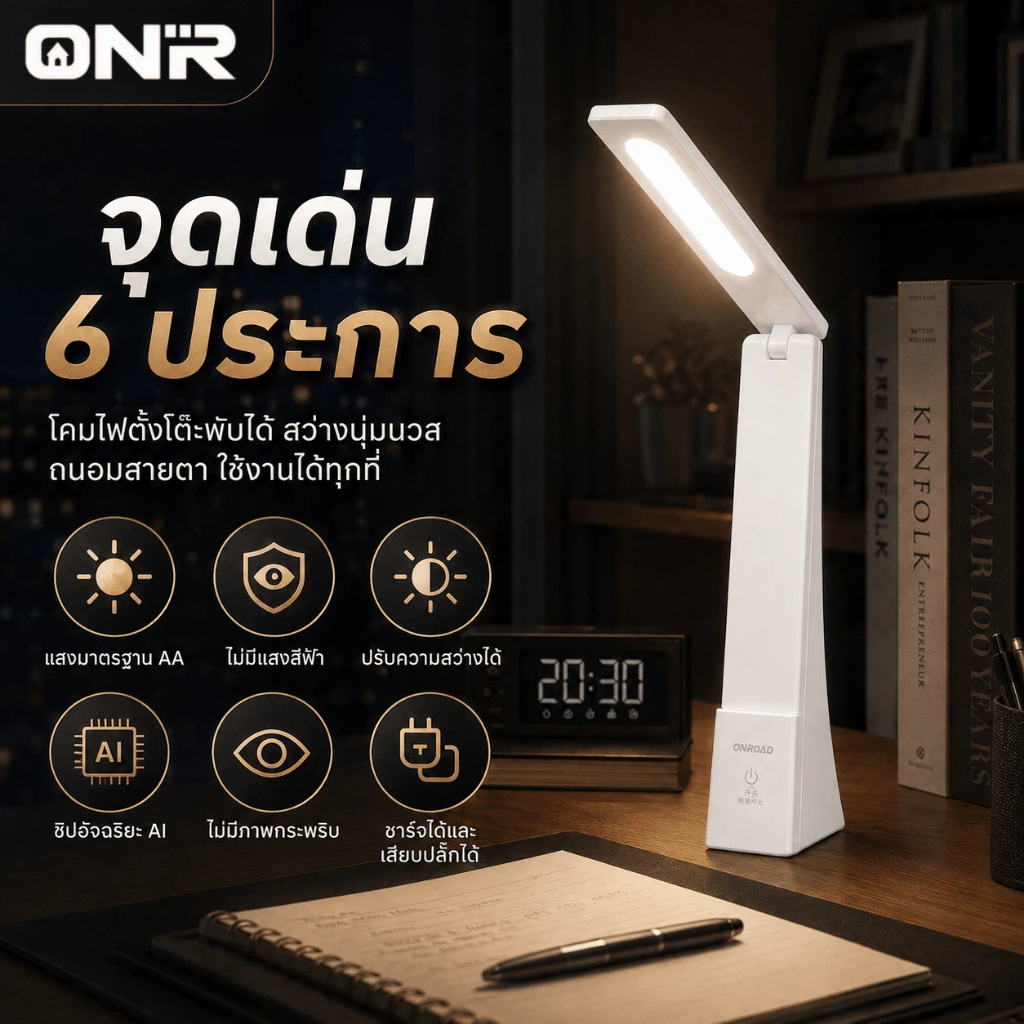 ONR โคมไฟตั้งโต๊ะ LED ถนอมสายตา Ra95 ปรับแสง 3 สี หรี่แสงสัมผัส 3 ระดับ พับได้ 98 LED