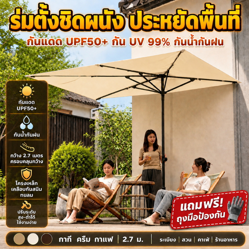 พร้อมส่ง ร่มติดผนัง ร่มกันแดดกันฝน ร่มครึ่งวงกลม ครึ่งคัน UPF50+ กันUV99% โครงเหล็กทนลม ปรับระดับได้ ระเบียง คาเฟ่