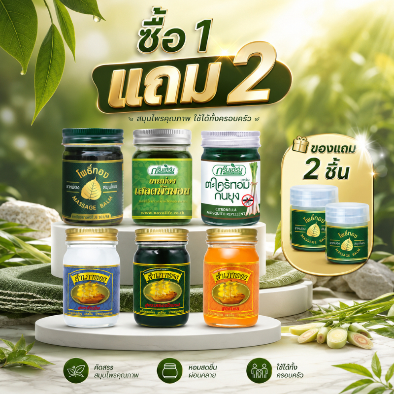 ซื้อ 1 แถม 2 ชิ้น ยาหม่องสมุนไพร สำเภาทอง กรีนเฮิร์บ 50กรัม กลิ่นหอม ใช้งานสะดวก ขนาดกะทัดรัด