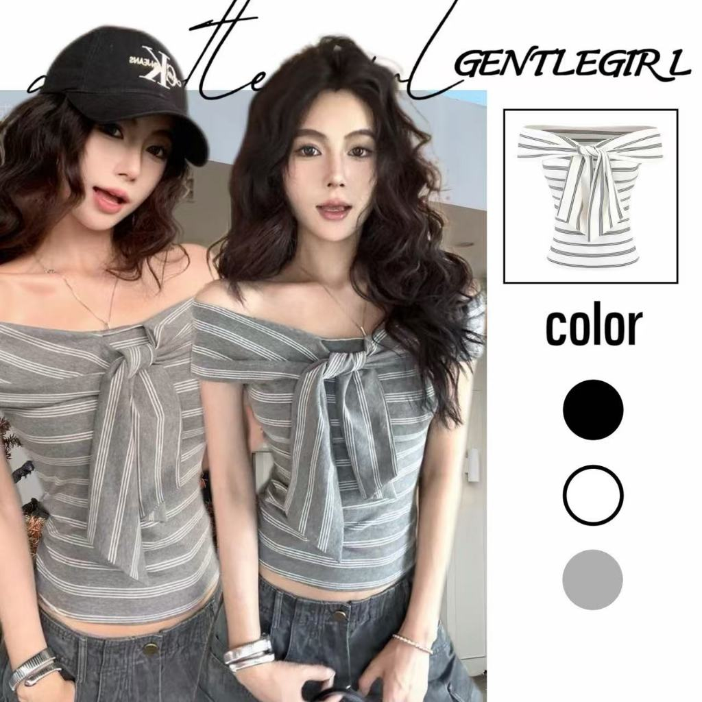 #GG🎀จัดส่งที่รวดเร็ว🎀เสื้อยืดแขนสั้นไหล่เดียวสีเทาลายทางสไตล์สาวฮอตสำหรับผู้หญิงช่วงฤดูร้อน เสื้อรัดรูปเข้ารูปสายเดี่ยว
