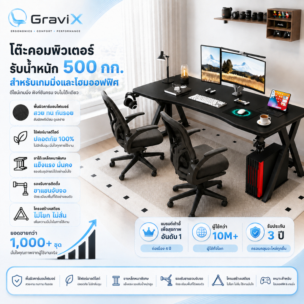 𝐆𝐫𝐚𝐯𝐢𝐗 โต๊ะคอมพิวเตอร์ ขาเหล็ก ตัวK แข็งแกร่ง หนาพิเศษ โต๊ะทำงาน เกมมิ่ง Gaming Table โต๊ะ สีดำ