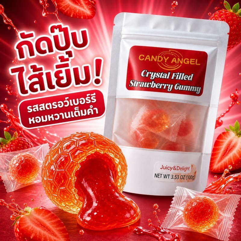 ลูกอม เยลลี่สตรอว์เบอร์รีสอดไส้ 300 กรัม ไส้ฉ่ำ นุ่มหนึบ เปรี้ยวอมหวาน ขนมต่างประเทศ ขนมขายส่ง อร่อยเคี้ยวเพลินมาก