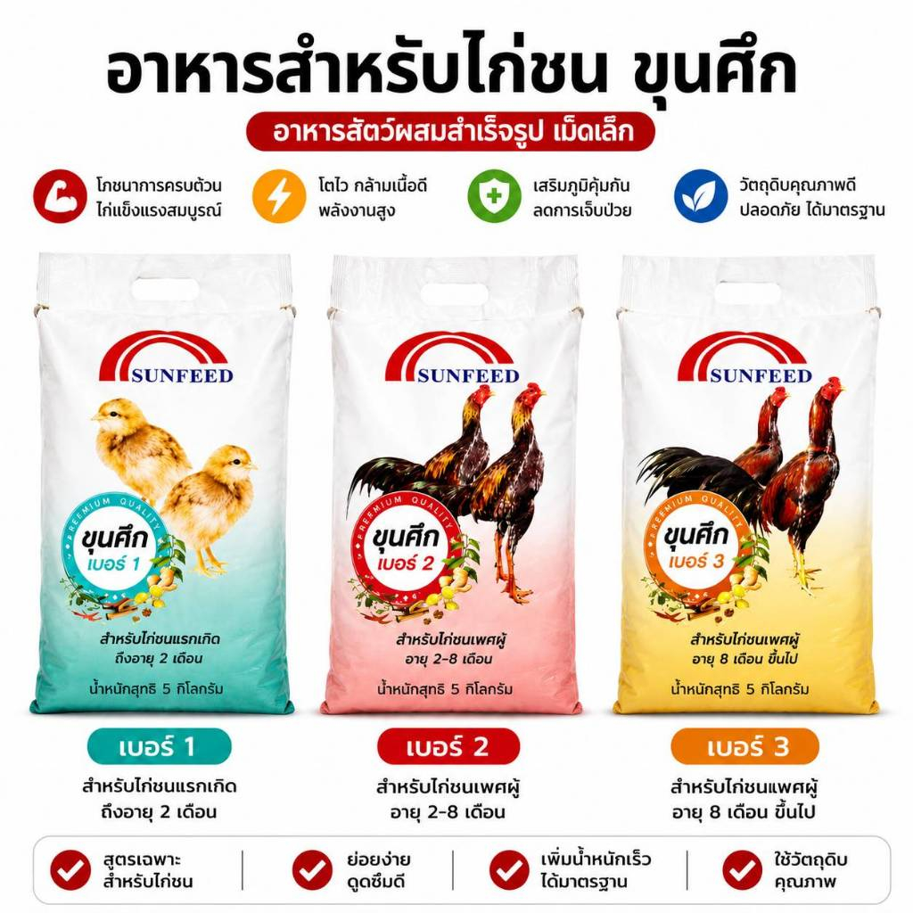 อาหารไก่ชน ขุนศึก ขนาด 5 กิโลกรัม อาหารสำหรับไก่ชนและไก่พื้นเมือง ทุกสายพันธุ์ ครบทุกช่วงวัย