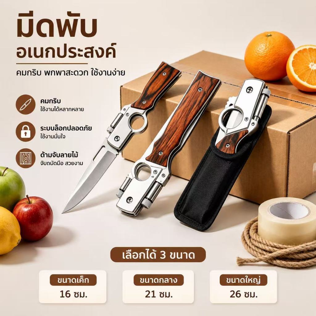 มีดพับ ด้ามไม้ มีดพับ มีไฟฉายในตัว พร้อมใช้งาน มี 3 ขนาด จัดส่งจากไทย