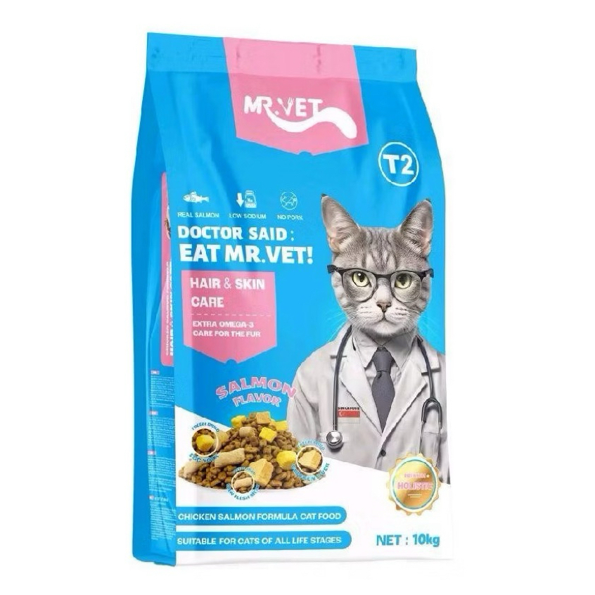 [ไม่มีถุงแบ่ง] Mr. Vet T2 แซลมอน 10 kg. อาหารเม็ดแมว ผสมฟรีซดราย บำรุงขน Hair & Skin แมวทุกวัย
