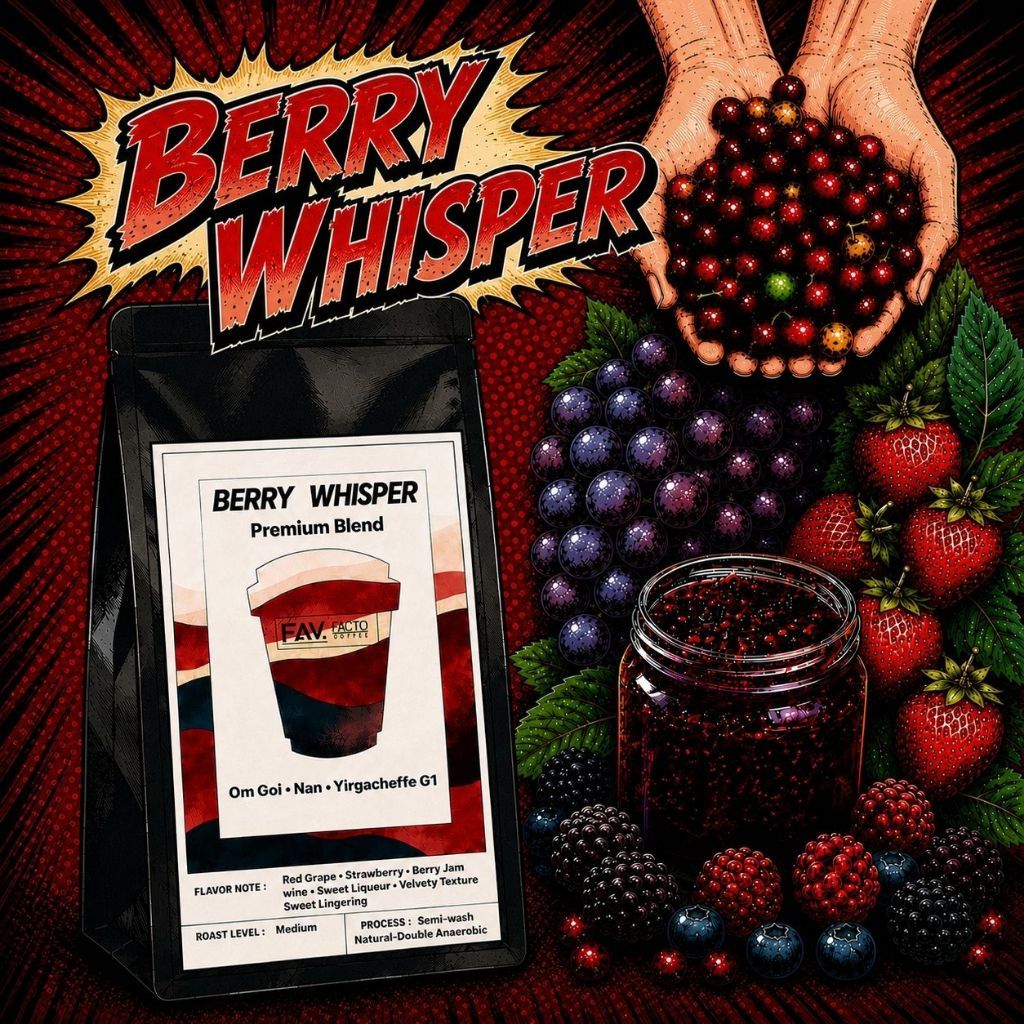 Fav.Facto Coffee เมล็ดกาแฟ พรีเมี่ยมเบลนด์ (คั่วกลาง) เบอร์รี่วิสเปอร์Berry Whisper หอมโทนผลไม้ และกลิ่นไวน์ชัด