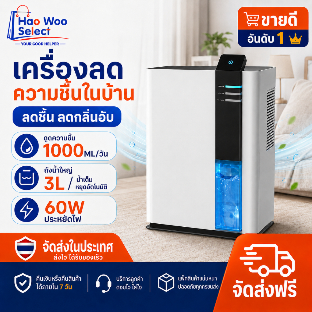 【HaoWoo Select】เครื่องลดความชื้นในบ้าน 3L เครื่องดูดความชื้น ห้องนอน เงียบ ประหยัดไฟ ถังน้ำใหญ่ ช่วยลดความอับชื้น