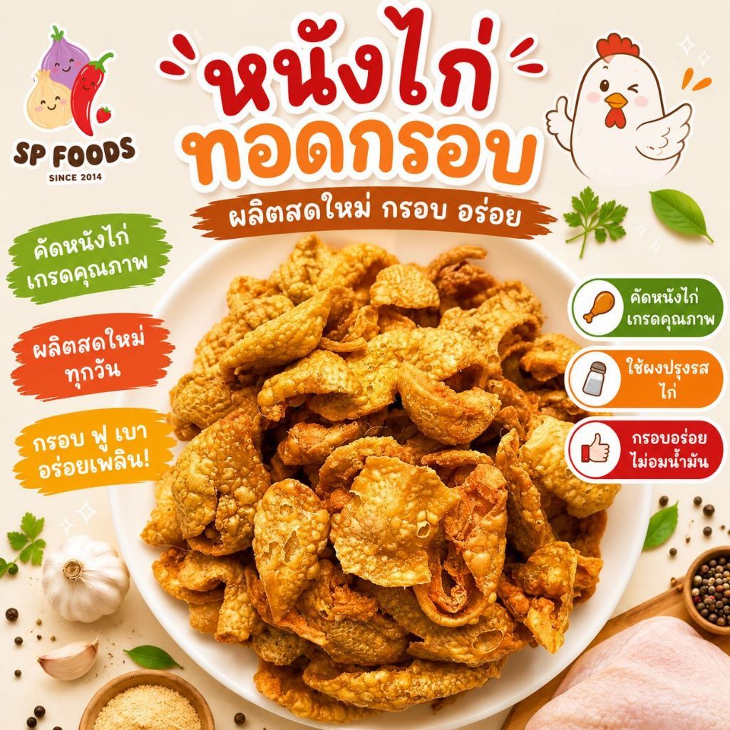 SP FOODS แพ็ค200กรัม หนังไก่ทอดเกลือ หนังไก่กรอบปรุงรส