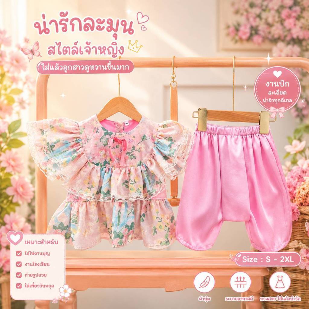 T09 ชุดลูกไม้ เสื้อ พร้อมโจงกระเบนชมพู