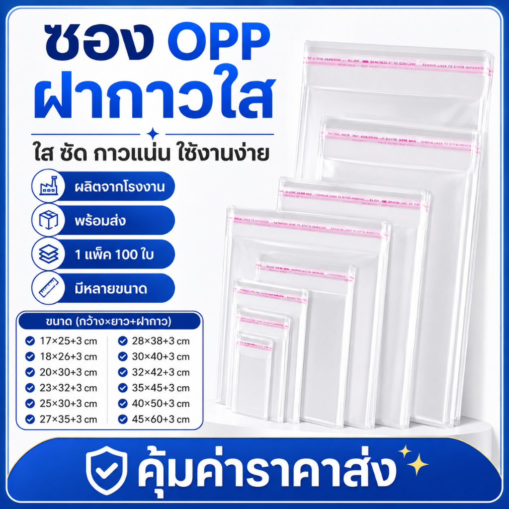 OPP ใสเทปกาว ราคาถูก รวมขนาดใหญ่ (แพ็ค 100) ถุงฝากาว แก้วโอพีพี ใสopp