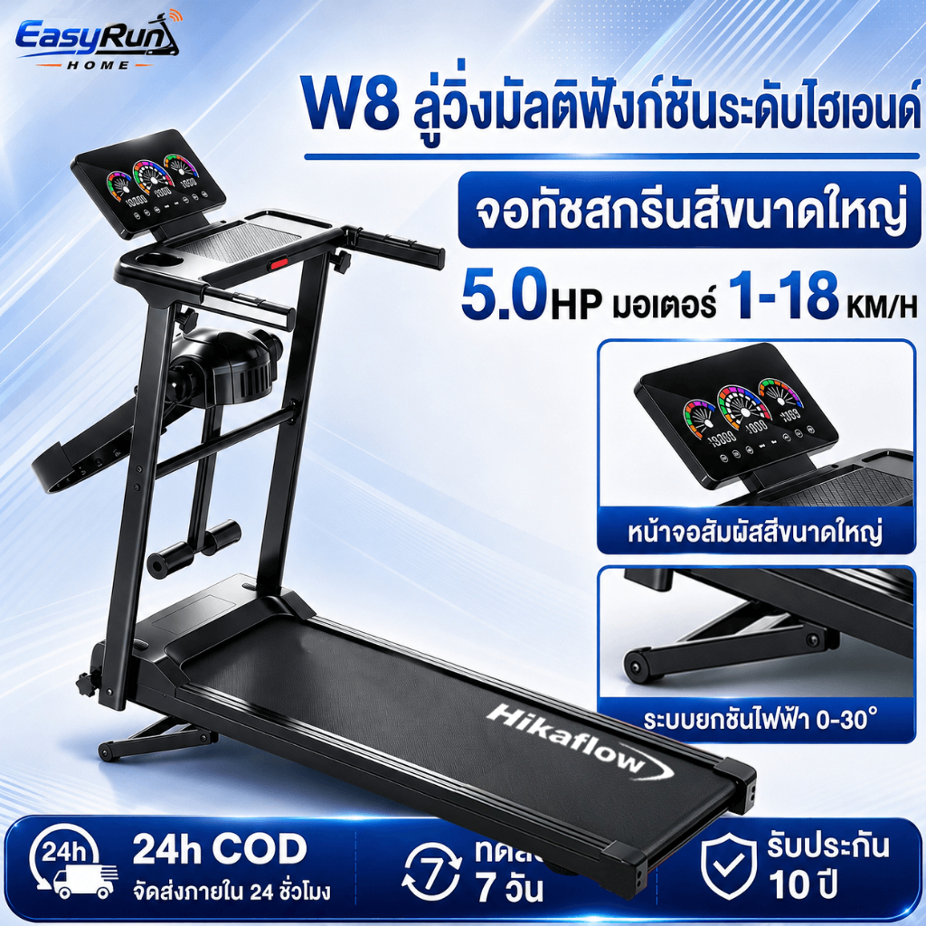 【รับประกัน 10 ปี】W8 ลู่วิ่งไฟฟ้า ปรับความสูงได้ ใช้ในบ้าน treadmill 1‑16km แผ่นวิ่งกว้างพิเศษ เงียบสุดขีด