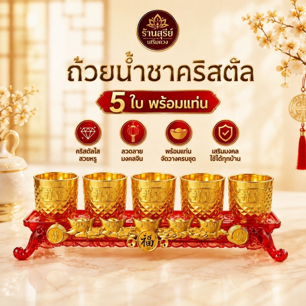 Set ชุดถ้วยน้ำชาคริสตัล 5 ใบ ยาว สีทองมงคล / สีแดง พร้อมแท่นวางจัดวางครบชุด จาก ร้านสุรีย์เสริมดวง