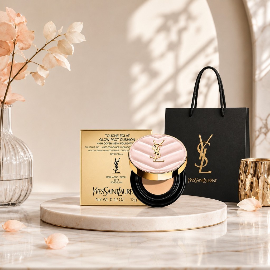 [ใหม่แกะกล่อง] YSL Touche Eclat Glow Pact Cushion รองพื้นคุชชั่น ฝาสีชมพู ฉ่ำโกลว์ ผิวน้ำพุ่ง ติดทน SPF23+