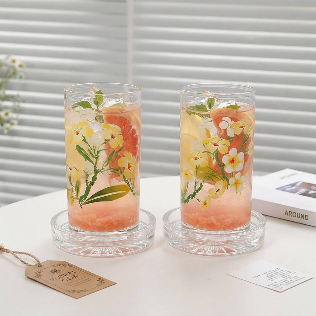 แก้วน้ำ แก้วใส classic tumbler สกรีนลายดอกไม้