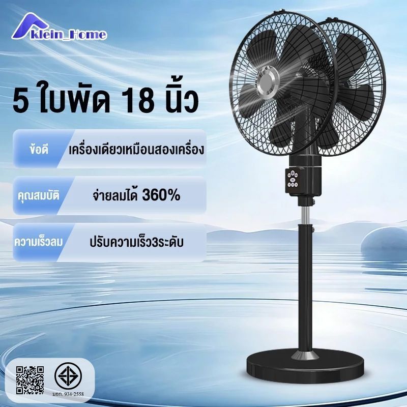 Klein_Home พัดลมอุตสาหกรรม หัวคู่ 18 นิ้ว 5 ใบพัด ลมแรง 3 ความเร็ว หมุนได้ 360 องศา ใช้งานตามแผงขายอาหาร ครัวเรือน