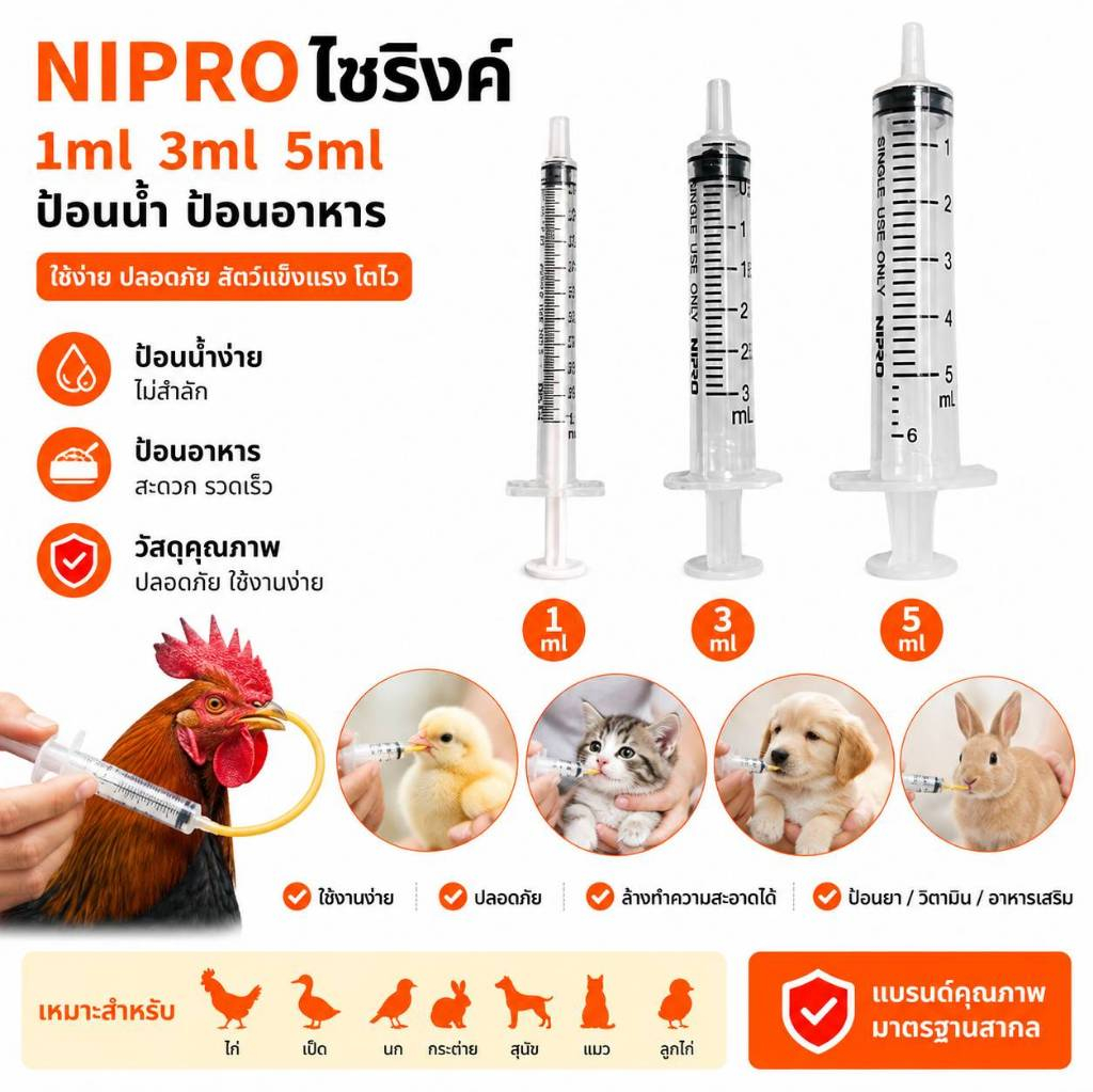 ไซริงค์อเนกประสงค์ Nipro (ขนาด 1ml 3ml 5ml) สำหรับป้อนน้ำ ป้อนอาหาร ไก่ชน และสัตว์เลี้ยง