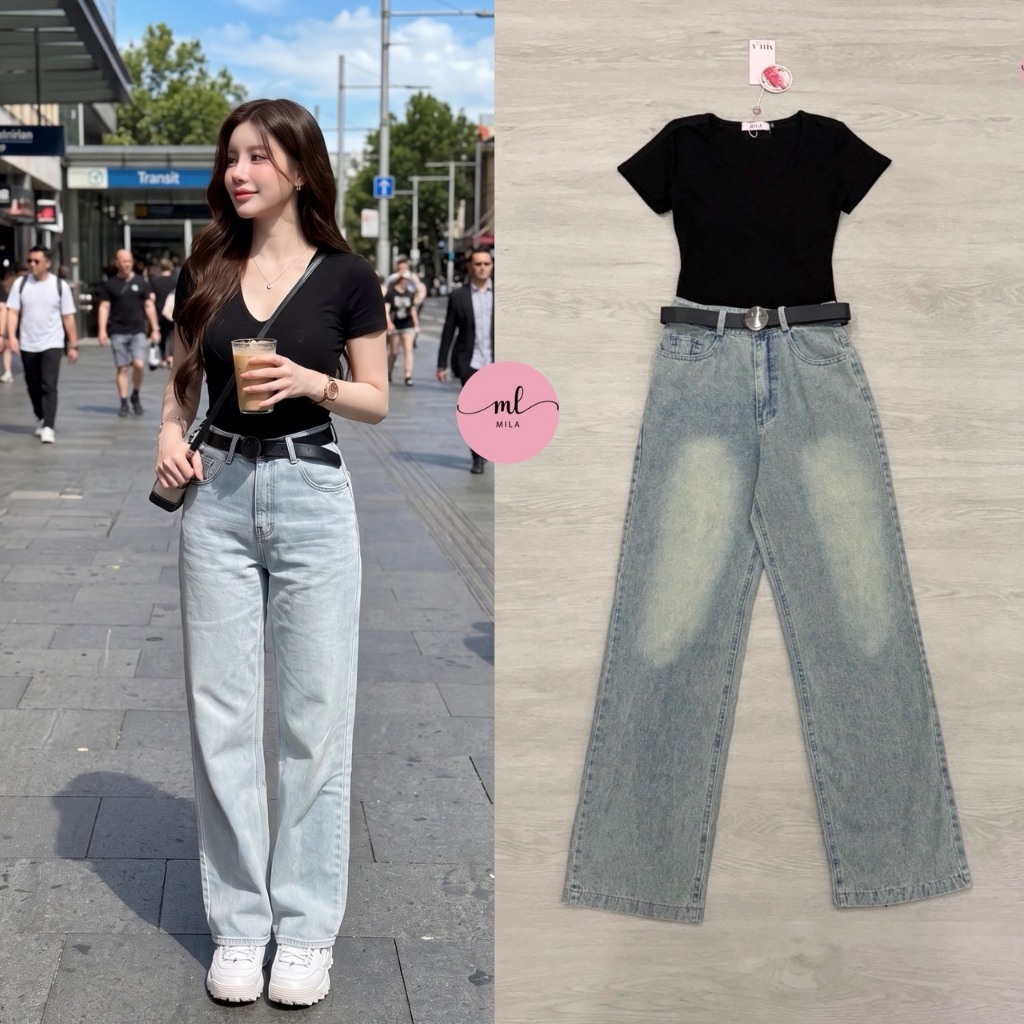 MILA Setเสื้อยืดสีดำคอวีผ้านุ่ม-กางเกงยีนส์ขายาว