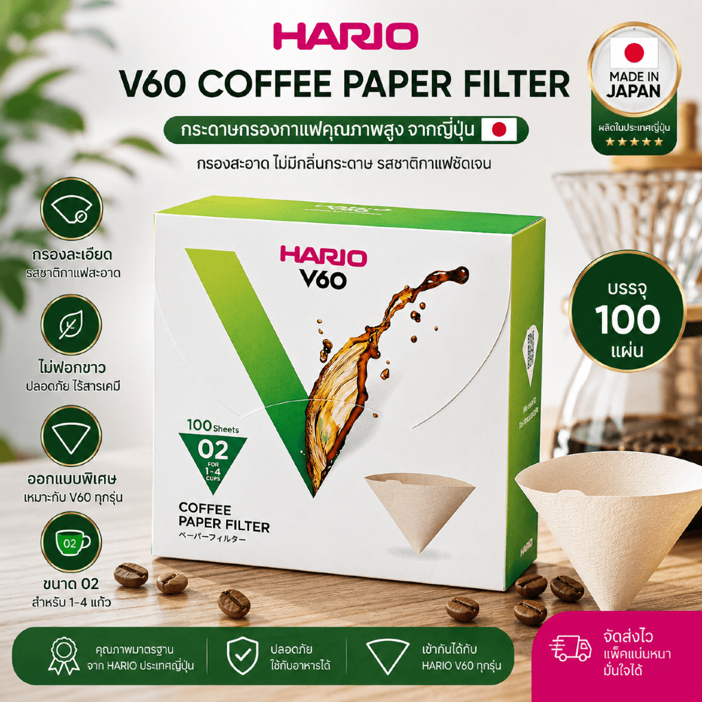 HARIO V60 Paper Filter กระดาษกรองกาแฟดริป/ฟิลเตอร์ 100 แผ่น สีขาว