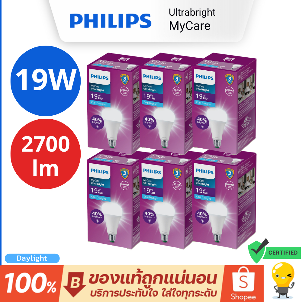 (ยกลัง 6 หลอด)Philips หลอดไฟ รุ่น Mycare 19W 2700lm UltraBright 6500K แสงขาว Daylight A75 Led Bulb