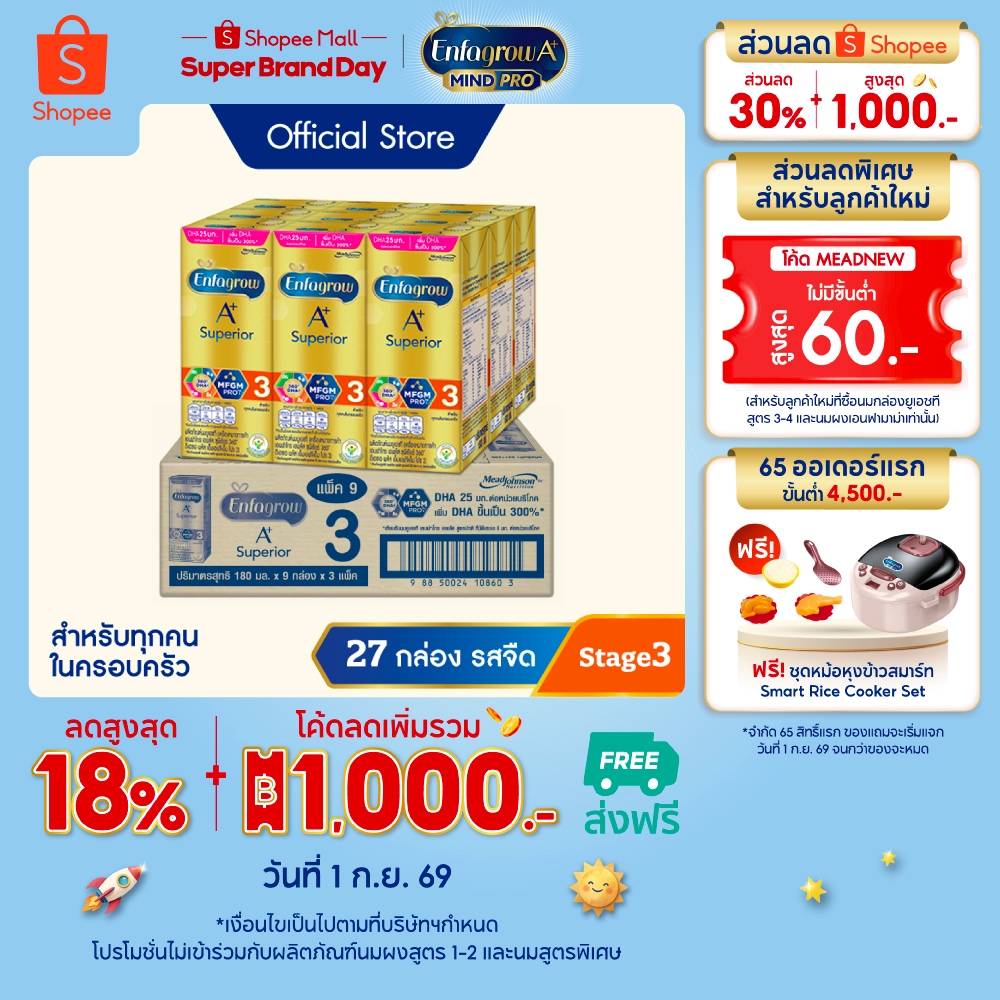 นมกล่อง เอนฟาโกร ยูเอชที ซุพีเรียร์ สูตร3 (27 กล่อง) Enfagrow UHT Superior Stage3 (27 boxes)