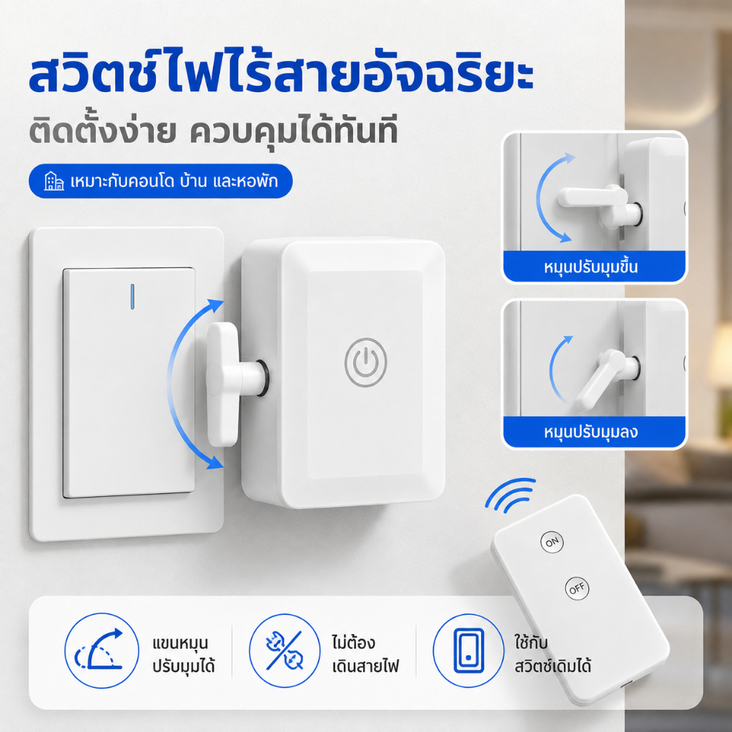 ปุ่มสวิตช์ ส่งจากไทย ติดด้วยกาวในตัว ติดตั้งเร็ว ควบคุมเปิดปิดไฟจากระยะไกล